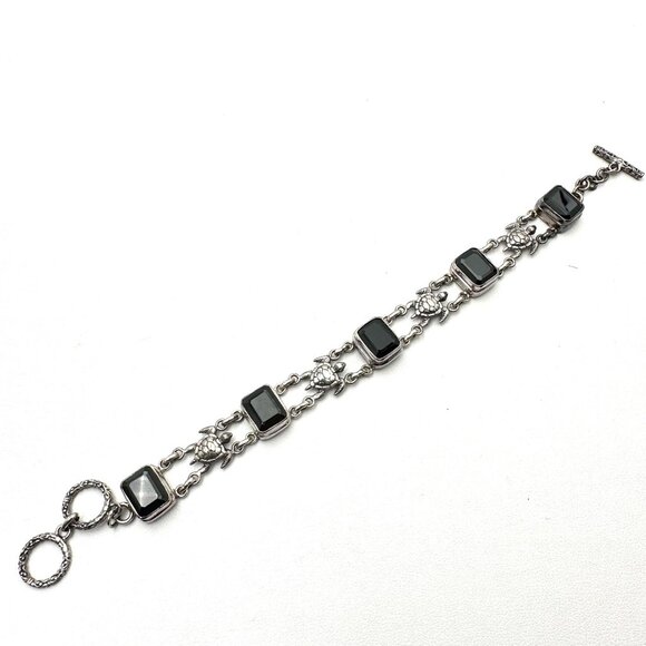 Sterling Silver Black Gemstone Turtle Bracelet 24 Grams 8 Inch - Picture 2 of 3